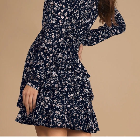 Navy Blue Floral Print Tiered Mini Dress - Picture 4 of 10